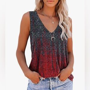 V-Neck Ombre Print Tank Top - Red/Charcoal